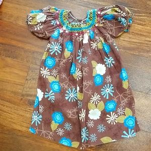 Brown and Aqua Blue Smock Dress Size 9m with pearl beads